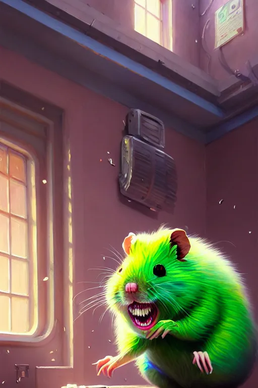 Prompt: a detailed painting of a giant angry hamster attacking a school building, green slime everywhere, intricate, horror, highly detailed, digital painting, trending on artstation, smooth, sharp focus, illustration, art by greg rutkowski, loish, rhads, makoto shinkai and lois van baarle, ilya kuvshinov, rossdraws