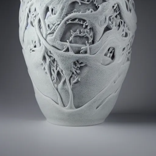 Image similar to the yggdrasil multiverse vase. highly detailed carving on southern ice porcelain, partially glazed, woodfired, 85mm dslr art gallery photo