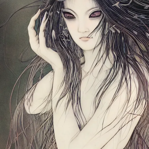 Image similar to yoshitaka amano blurred and dreamy realistic illustration of a japanese woman with black eyes, black lipstick, long wavy white hair fluttering in the wind wearing elden ring armor with engraving, abstract patterns in the background, satoshi kon anime, noisy film grain effect, highly detailed, renaissance oil painting, weird portrait angle, blurred lost edges, three quarter view