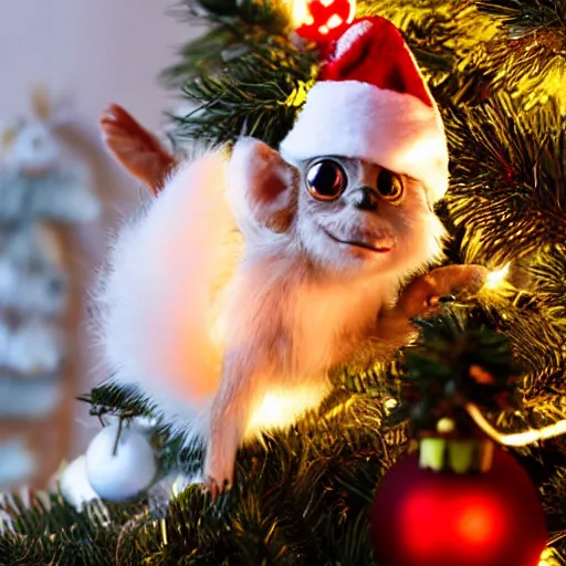 Image similar to Gizmo the Mogwai decorating a Christmas tree, soft light, highly detailed