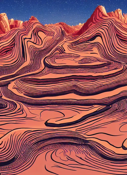 Prompt: a cartoon illustration of a desert with large arcs and sandstone pillars, digital illustration by charles huettner, digtial illustration, generative art