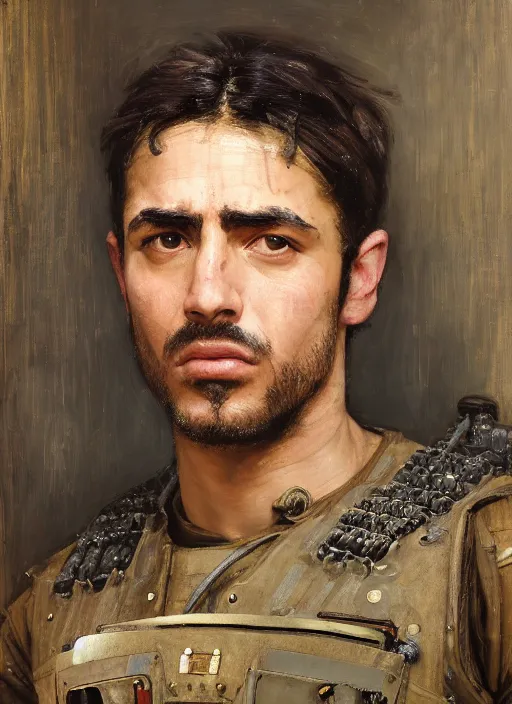 Image similar to Hector. cyberpunk pilot wearing military vest. attractive face. Iranian orientalist portrait by john william waterhouse and Edwin Longsden Long and Theodore Ralli and Nasreddine Dinet, oil on canvas. Cinematic, hyper realism, realistic proportions, dramatic lighting, high detail 4k