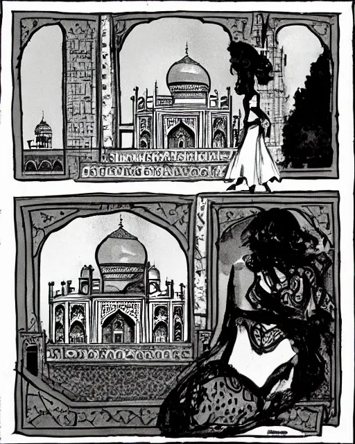 Prompt: tuesday weld visits the taj mahal by mort drucker