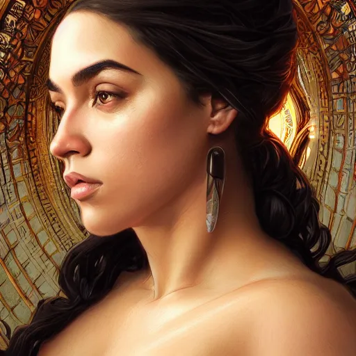 Image similar to portrait of a beautiful thick female, alexandria ocasio-cortez face, D&D, fantasy, intricate, elegant, highly detailed, digital painting, artstation, concept art, smooth, sharp focus, illustration, art by artgerm and greg rutkowski and alphonse mucha