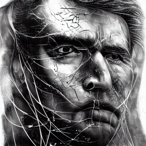 Image similar to Yoshitaka Amano realistic illustration of jeb bush ,hair fluttering in the wind, cracks on his face wearing Elden ring armour with engraving, abstract black and white patterns on the background, noisy film grain effect, highly detailed, Renaissance oil painting, weird portrait angle, blurred lost edges, three quarter view