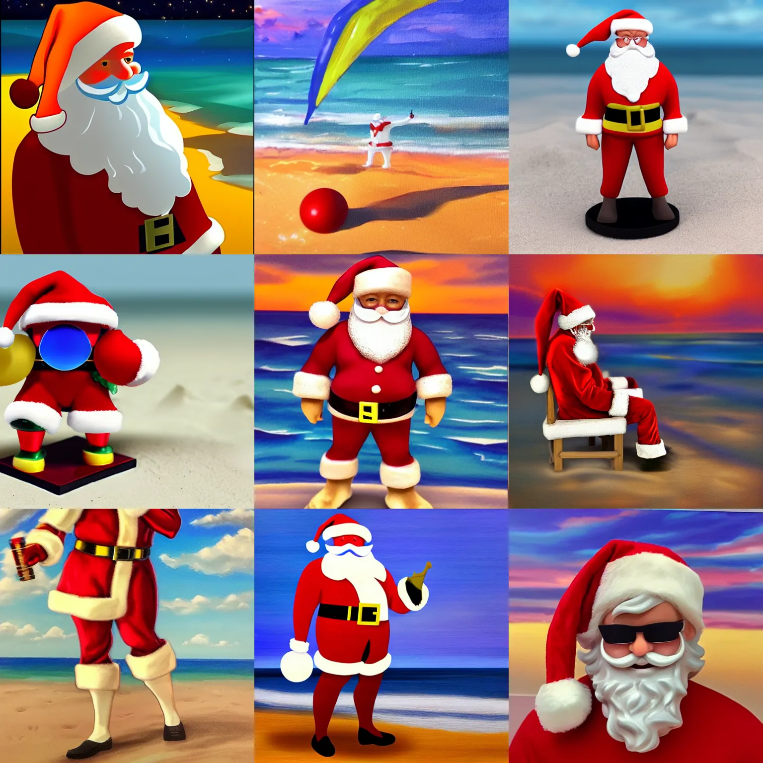Prompt: subject : santa calus on the beach style : ultra realistic paitning colors : warmth and vibrant weather : storm