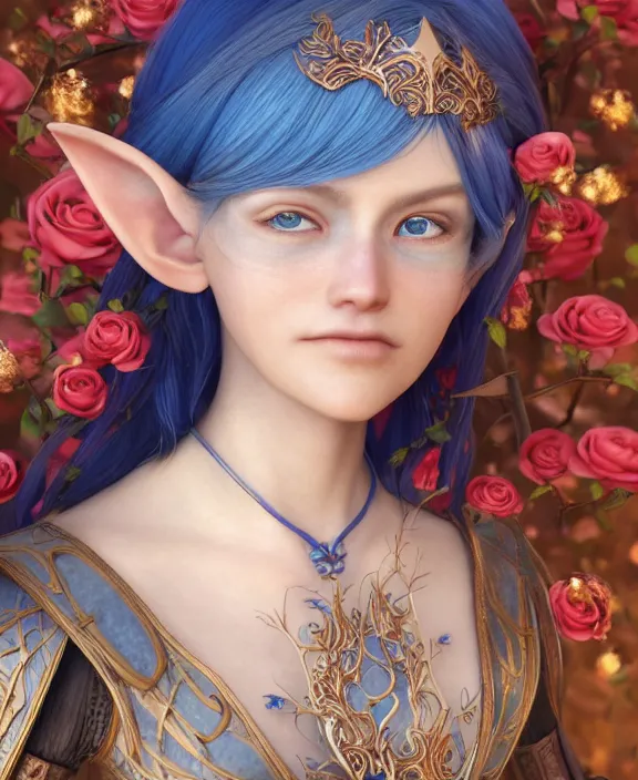 Prompt: a beautiful and highly detailed digital portrait of a dignified elf with long blue windswept hair in a rose gold breastplate by artgerm, nina tryggvadottir, and lu ji, centered, artsation contest winner, cgsociety, fantasy art, cryengine, concept art, photorealism, daz 3 d, sketchfab, zbrush, vray