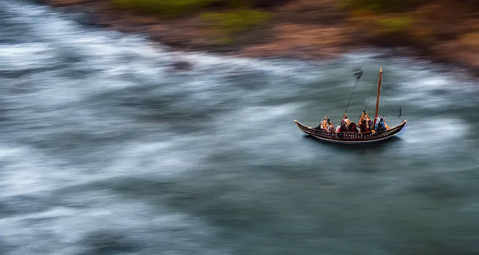 Image similar to fast viking ship sailing down a river, f / 2. 8, motion blur