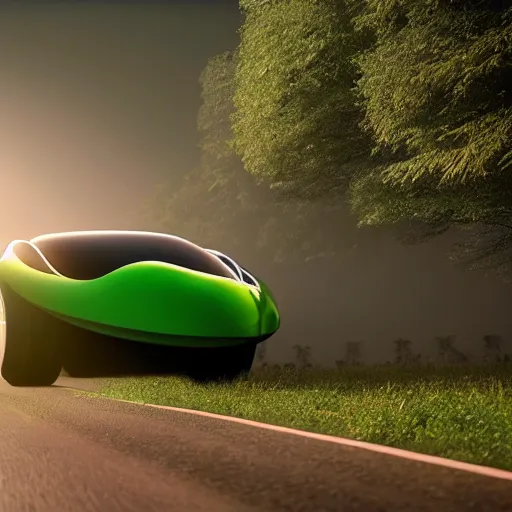 Image similar to a spherical car driving down the road with t - rex dancing behind it, smoky, green hills, many interstellar plants, futuristic concept design, atmospheric landscape, digital art, unreal engine, 8 k, cinematic level.