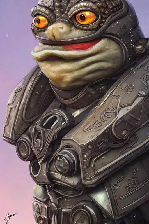 Image similar to Portrait of pepe with a spoon wearing futuristic power armor, fantasy, intricate, highly detailed, digital painting, trending on artstation, sharp focus, illustration, style of Stanley Artgerm and Greg Rutkowski and Dan Mumford