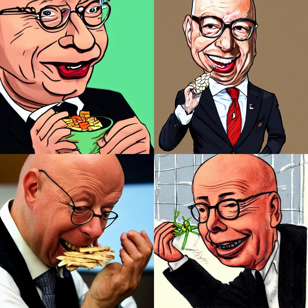 Prompt: klaus schwab eating bugs, caricature