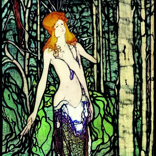 Image similar to a painting of a woman in a forest, a silk screen by harry clarke, deviantart, arts and crafts movement, pre - raphaelite, mixed media, creative commons attribution