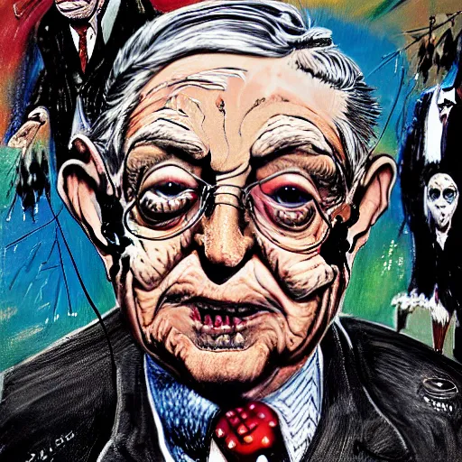 Image similar to George Soros full body shot, dollar bills Body horror, biopunk, by Ralph Steadman, Francis Bacon, Hunter S Thompson