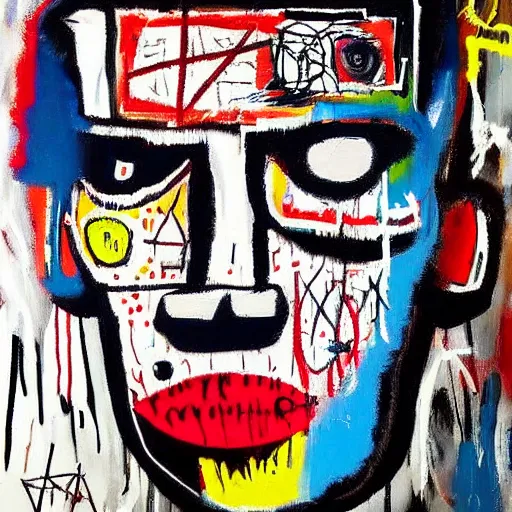 Image similar to gritty splattered punk painting of a geometric face with surprised expression, painted by basquiat. dark background. trending on artstation.