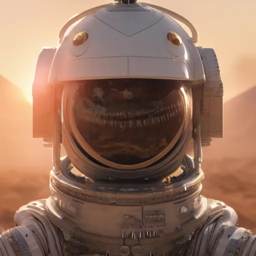 Image similar to portrait photography of a white steampunk space engineer suit, in an desert alien planet, ultra detail, beautiful light, high detail, 8 k, f / 2. 8, octane render