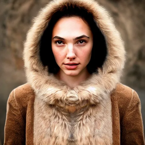 Image similar to a masterpiece portrait photo of a beautiful young woman who looks like an eskimo gal gadot, symmetrical face, random background scene