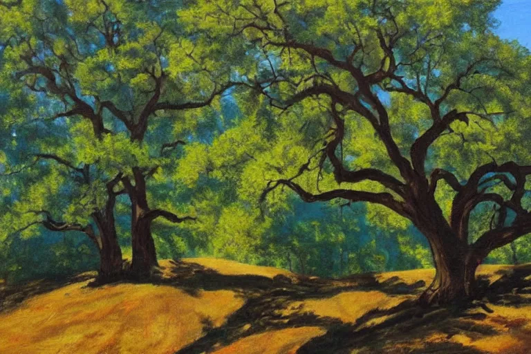 Prompt: masterpiece painting of oak trees on a hillside overlooking a creek, dramatic lighting, by tom hammick