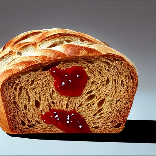 Prompt: A bread with jam on it, award winning photograph, artstation, incredible quality, hyperrealistic,