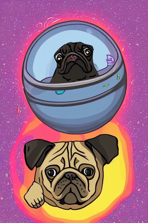 Prompt: planet pug floating in space, art by iktor miller gausa, sticker, colorful, illustration, highly detailed, simple, smooth and clean vector curves, no jagged lines, vector art, smooth