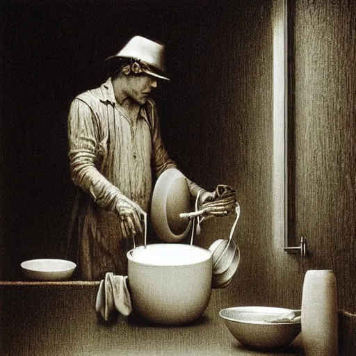 Prompt: Johny Depp washing dishes by Zdzislaw Beksinski