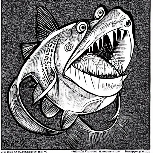 Image similar to illustration of an angler fish, in the style of robert geronimo, deep sea, large mouth filled with pointed teeth, stylized linework, ornamentation, artistic, color