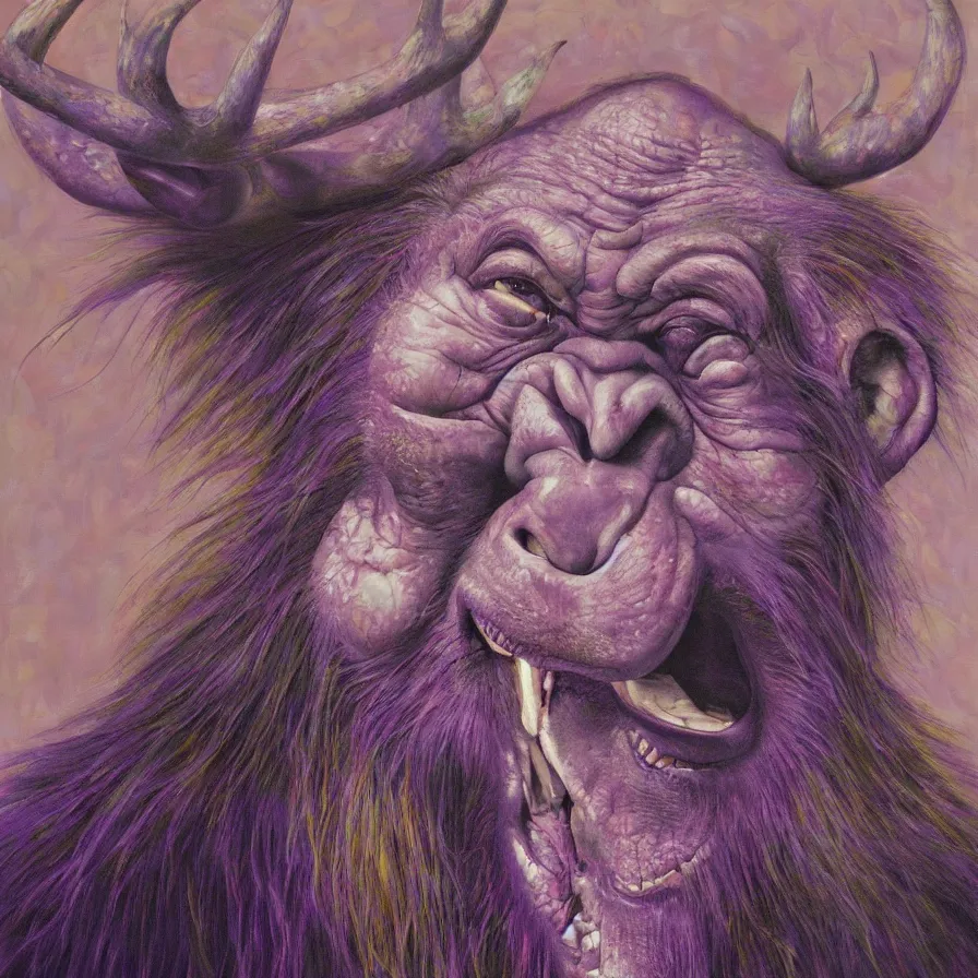 Image similar to hyper realistic painting by chuck close, studio lighting, brightly lit purple room, an ape with antlers laughing at a giant crying rabbit clown