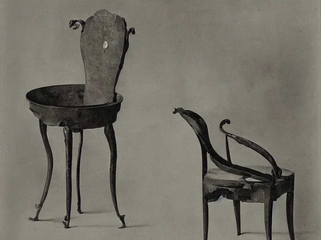 Image similar to renaissance marble chair with vase, pot, jug. karl blossfeldt, salvador dali