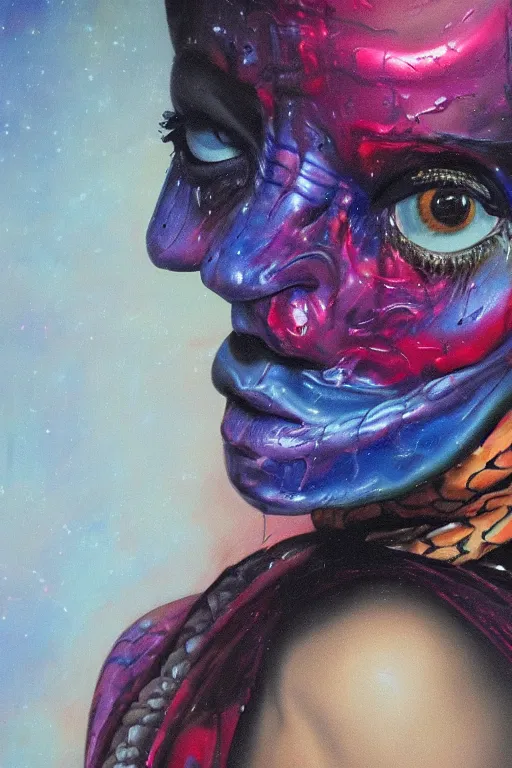 Prompt: hyperrealism oil painting, close - up portrait of face from a tangle of snakes fashion model, knight, street art gradient mixed with nebula sky, in style of baroque