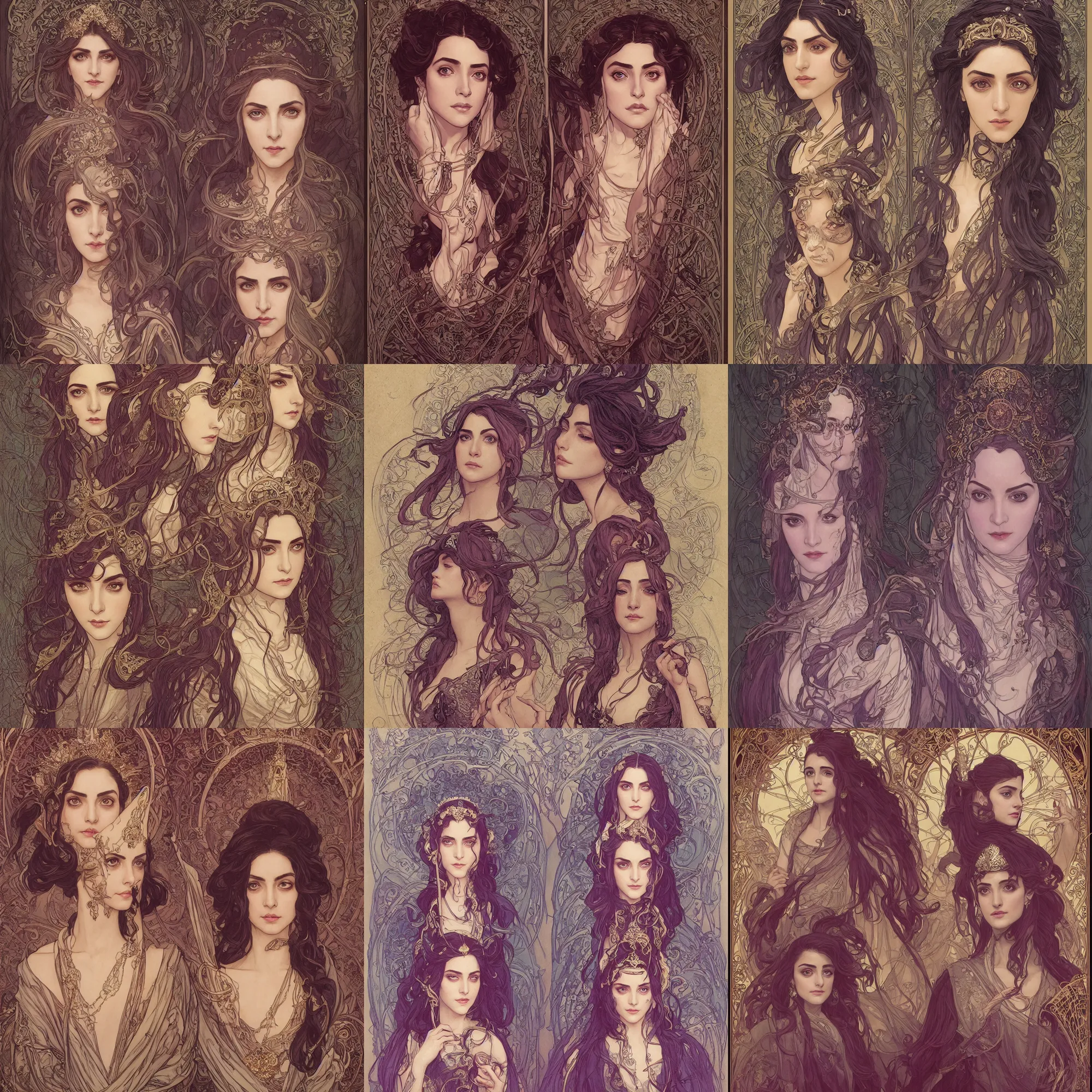 Image similar to masterpiece head-on symmetrical centered bust-view portrait, Maya Ali as D&D sorcerer, Art Nouveau style, wizard robe, fantasy, delicate, elegant, in the style of Greg Rutkowski and Moebius and Mohrbacher and ROSSDRAWS and Ross Tran and Alphonse Mucha and Ayami Kojima and Charlie Bowater and Jean Delville, Pixar, Maya engine, splash comics, tarot card style, Art Nouveau, rich bright colours