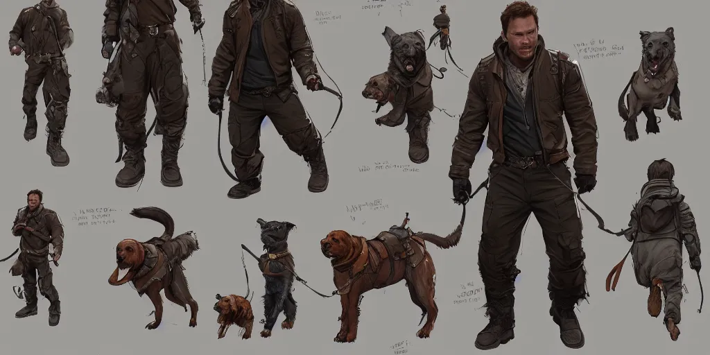 Image similar to cartoonish chris pratt walking five dogs, character sheet, fine details, concept design, contrast, kim jung gi, greg rutkowski, trending on artstation, 8 k, full body, turnaround, front view, back view, ultra wide angle