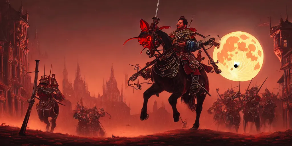 Image similar to highly detailed portrait painting of victorian warhammer battle, old abadia in the background, full red moon, by eddie mendoza and tyler edlin, 8 k resolution