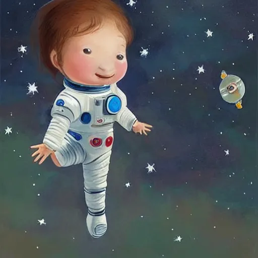 Prompt: a cute little girl with a round cherubic face, blue eyes, and short wavy light brown hair smiles as she floats in space with stars all around her. she is an astronaut, wearing a space suit. beautiful cartoon painting with highly detailed face by quentin blake and greg rutkowski