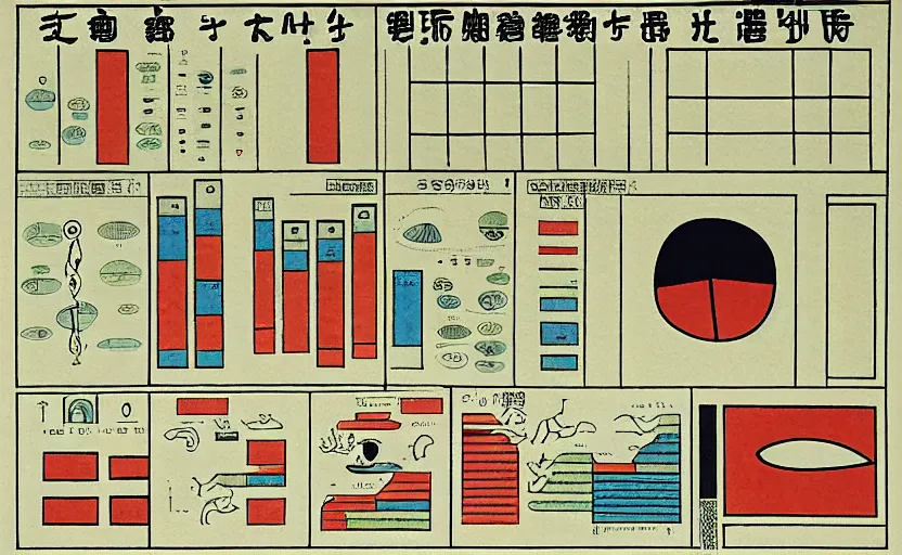 Image similar to business dashboard with time series charts, pie plots and other modern graphics, with small creatures with many eyes. diego rivera ( with slight ukiyo - e influence ). ravi supa.