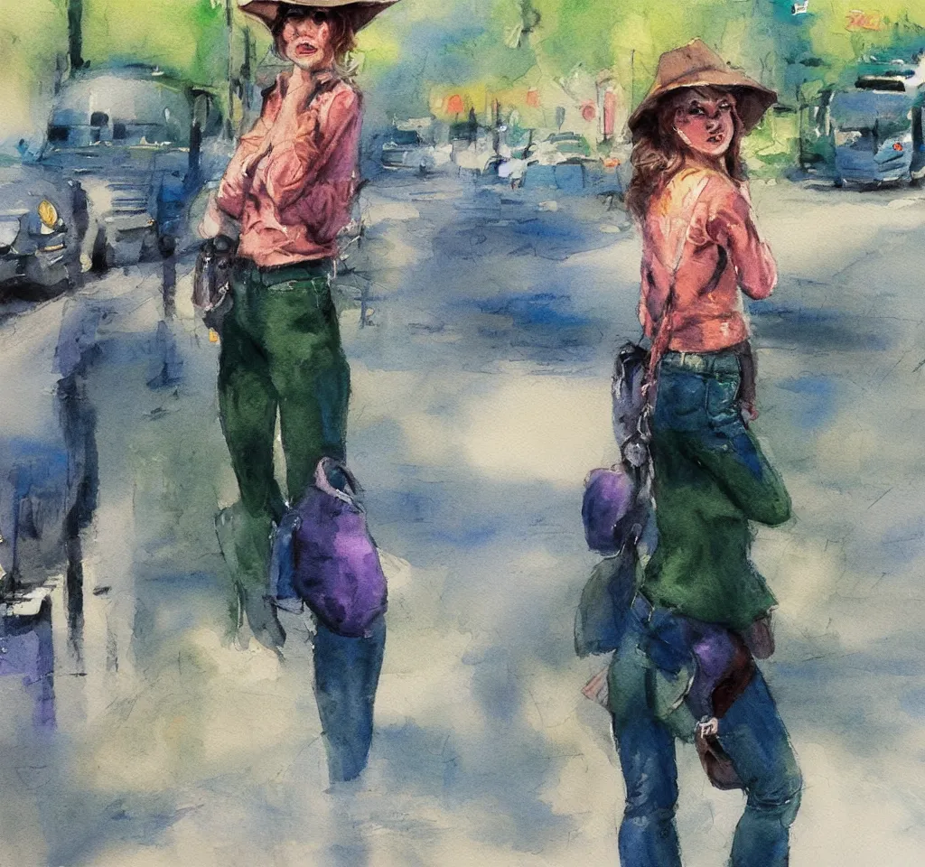 Prompt: cowgirl in bucket hat dark green skinny jeans waits at sunny urban Seattle Metro bus stop watercolor pastel painting artstation