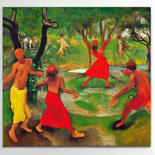 Image similar to 4 peoples dancing in the garden of eden, happy, painted by Asger Jorn, Peter Doig, minimalist oil paint with thick brushstrokes of paint, ultra detailed, realistic, 8k