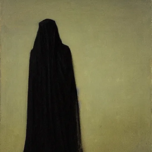 Prompt: Back view of the grim reaper as a beautiful woman, thin black robe, death himself, elegant, deep shadows, award winning, by Ilya Repin, deviant art