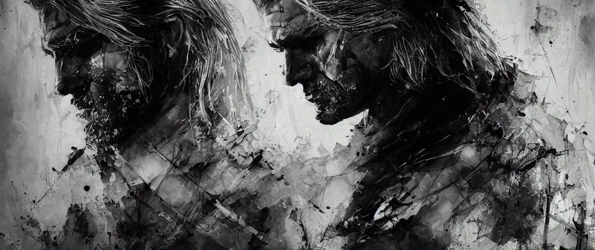 Image similar to monochrome portrait of geralt of rivia the witcher by emil melmoth zdzislaw beksinki craig mullins yoji shinkawa realistic render ominous detailed photo atmospheric by jeremy mann francis bacon and agnes cecile ink drips paint smears digital glitches glitchart