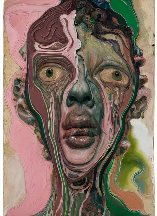 Prompt: strange, looming head, biomorphic painting of two figures entwined by jenny saville and charlie immer, draped in pink and green, highly detailed, emotionally evoking, head in focus, volumetric lighting, melting, drippy oil painting,