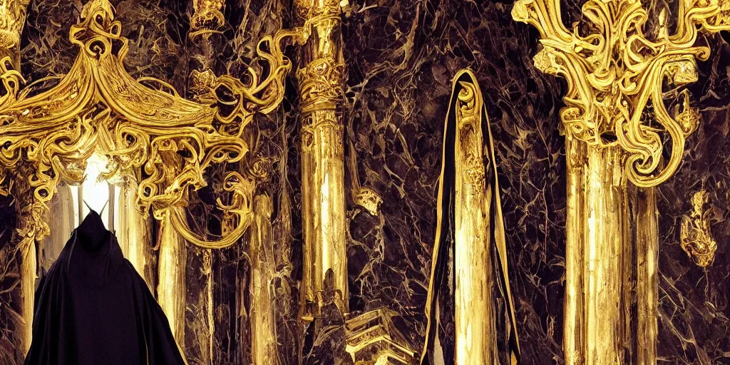 Image similar to a dark hooded cultist high priest , flowing robes made of obsidian and gold, ornate mask and fabrics, cinematic, epic, grandeur, large scale, tall ceilings, archways