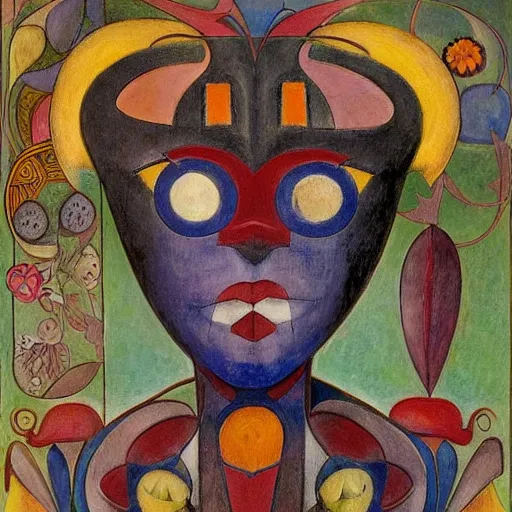 Image similar to painting of a facemask made of flowers, by annie swynnerton and jean delville and edward hopper and evelyn de morgan and rufino tamayo and diego rivera, art deco flower shaman, art brut, outsider art, symbolist, dramatic lighting, god rays, elaborate geometric ornament, clean crisp graphics, smooth sharp focus, extremely detailed, adolf wolfli