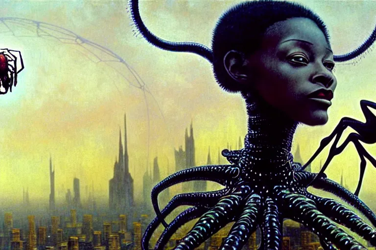 Image similar to realistic detailed photorealistic closeup portrait movie shot of a beautiful black woman riding a giant spider, dystopian city landscape background by denis villeneuve, amano, yves tanguy, alphonse mucha, ernst haeckel, jean delville, david lynch, edward robert hughes, roger dean, cyber necklace, rich moody colours, cyber patterns, wide angle