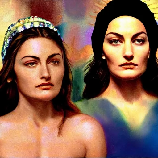 Image similar to a young Mädchen Amick as she appeared in Twin Peaks as Goddess of gems looking at you intensely with seductively serious eyes while wearing a head covering. ultra detailed painting at 16K resolution and epic visuals. epically surreally beautiful image. amazing effect, image looks crazily crisp as far as it's visual fidelity goes, absolutely outstanding. vivid clarity. ultra. iridescent. mind-breaking. mega-beautiful pencil shadowing. beautiful face. Ultra High Definition.