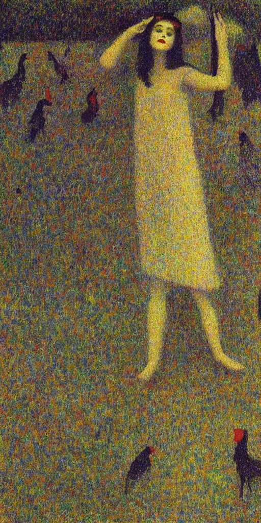 Image similar to a film still of vulvina about a queen in love with the death,, painted by georges seurat, impressionism, pointillism, detailed