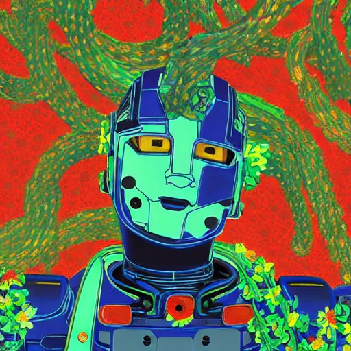 Prompt: colourful vfx art - portrait of army mecha robot wrapped in flowers & vines, art by utagawa kunisada & tadanori yokoo, volumetric light, ray tracing, sharp, detailed, digital painting, illustration, highly detailed, intricate detail, unreal engine, octane render, pinterest, behance, art station,