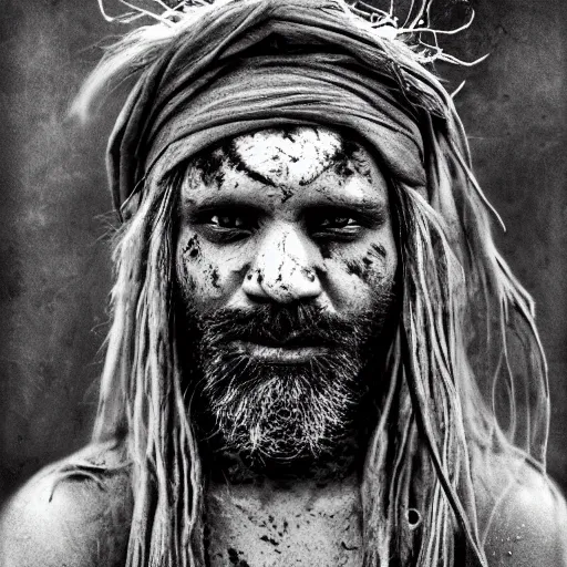 Prompt: polaroid film portrait of aghori sadhu covered in ash, hyperrealism, hypermaxiymalism, photorealistic, detailed, atmospheric, 8 k, award winning photography, cinematic