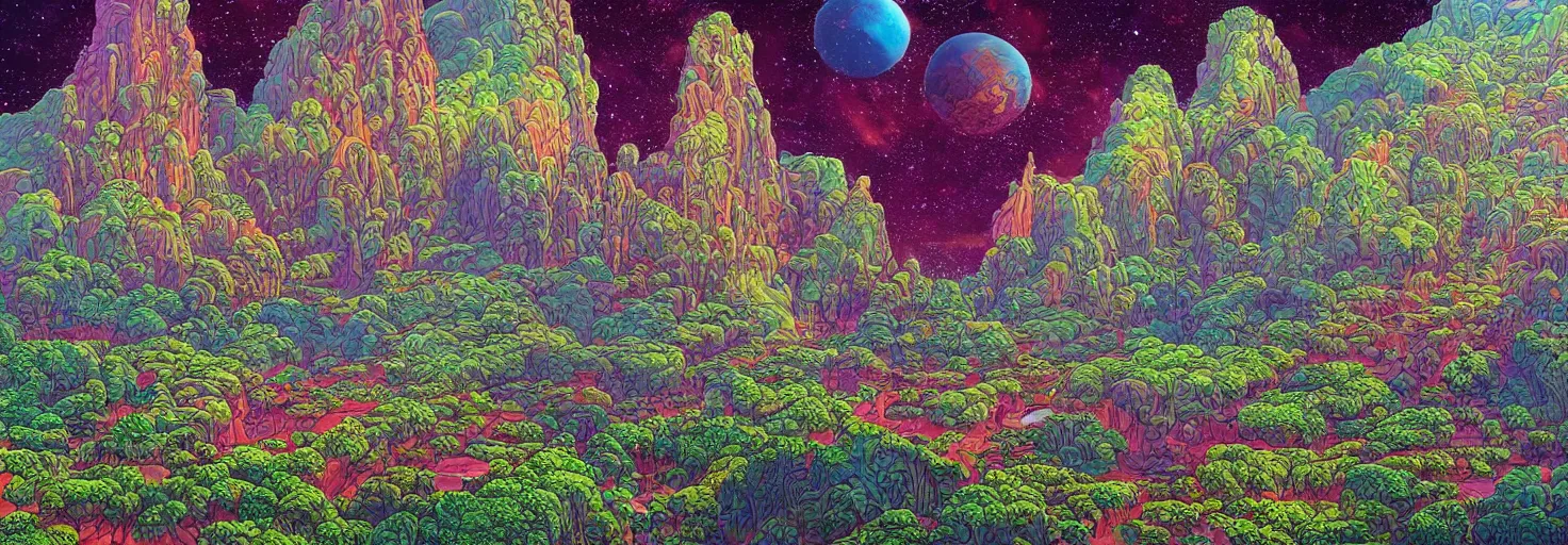 Image similar to beautiful landscape mural of an alien planet, lush landscape, vivid colors, intricate, highly detailed, masterful, fantasy world, in the style of moebius