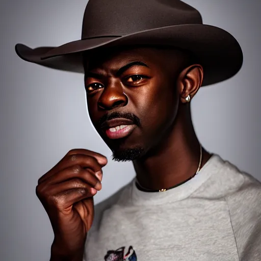 Image similar to a studio photograph of lil nas x,professional photography,studio lighting,studio photo,professional lighting,3 point lighting,dramatic,4k,detailed face,hyperdetailed,photorealistic,digital art,ultra realistic,ultra detailed,art by greg rutkowski