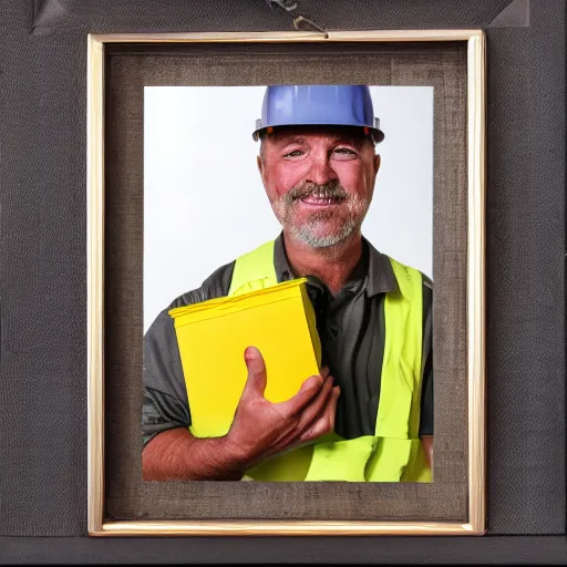 Prompt: an potrait of man with construction hat holding a package, the picture inside a photo frame, oil painting, 4K