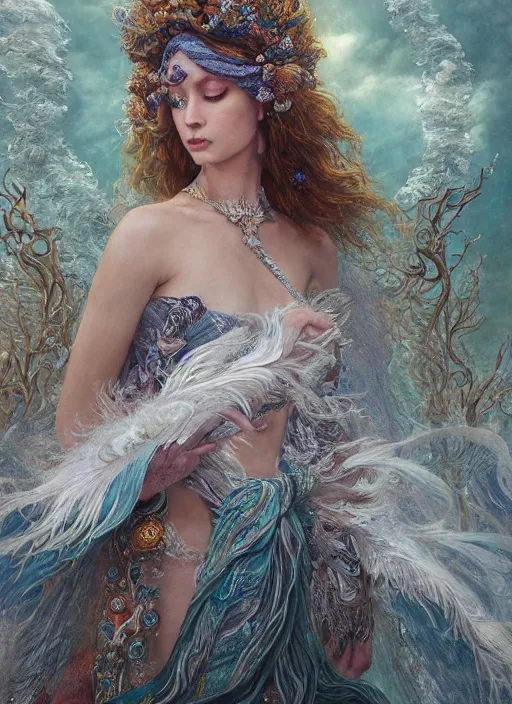 Prompt: real photoshoot goddess of oceans, wearing a feathered cloak and a fancy silk floral dress, ornate, ultra realistic, concept art, intricate details, eerie, highly detailed, photorealistic, octane render, 8 k, unreal engine. art by artgerm and greg rutkowski and charlie bowater and magali villeneuve and gustav klimt