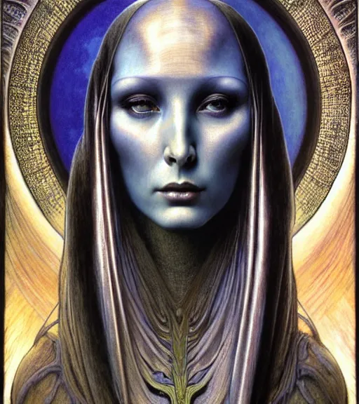 Image similar to detailed realistic beautiful young cher alien robot as queen of mars face portrait by jean delville, gustave dore and marco mazzoni, art nouveau, symbolist, visionary, gothic, pre - raphaelite. horizontal symmetry by zdzisław beksinski, iris van herpen, raymond swanland and alphonse mucha. highly detailed, hyper - real, beautiful